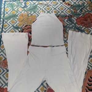 OAK+FORT Ribbed Halter and Flare Pants Cream Set